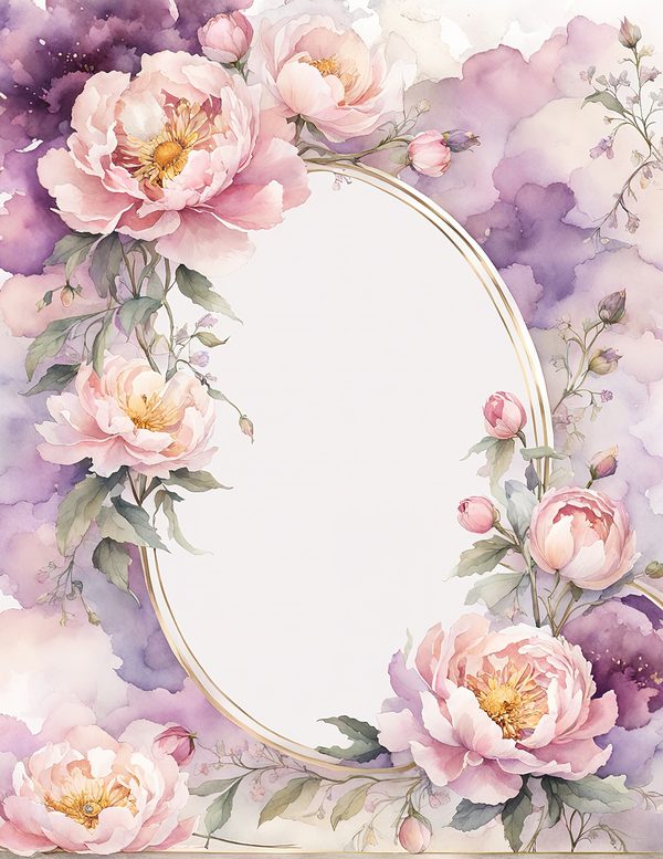 Watercolor Peony Oval Frame: Romantic Floral Backgrounds (JPG Digital Paper) — image 6