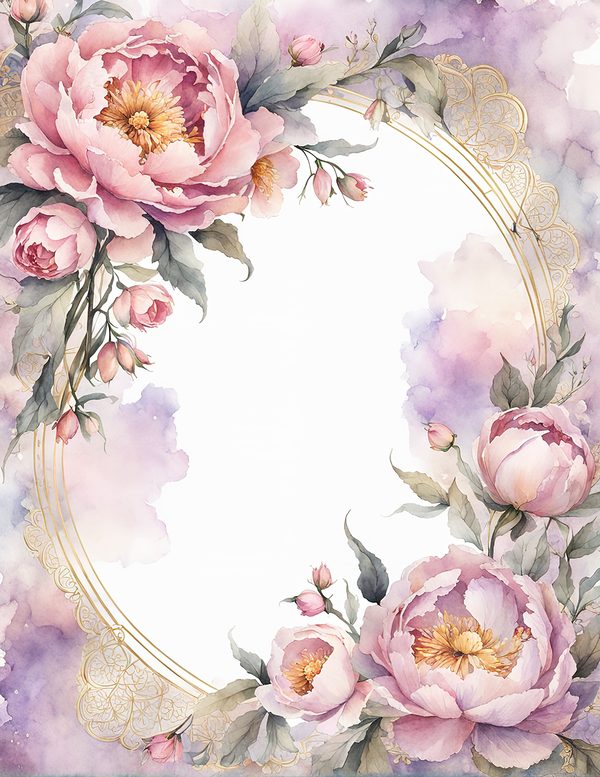 Watercolor Peony Oval Frame: Romantic Floral Backgrounds (JPG Digital Paper) — image 8