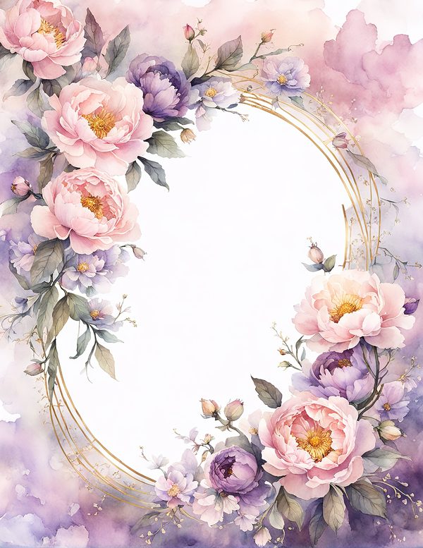 Watercolor Peony Oval Frame: Romantic Floral Backgrounds (JPG Digital Paper) — image 9