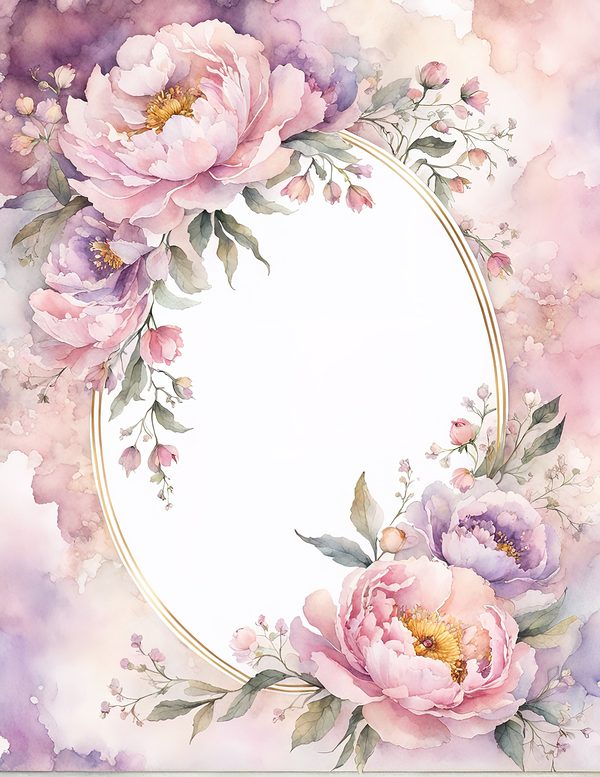 Watercolor Peony Oval Frame: Romantic Floral Backgrounds (JPG Digital Paper) — image 11