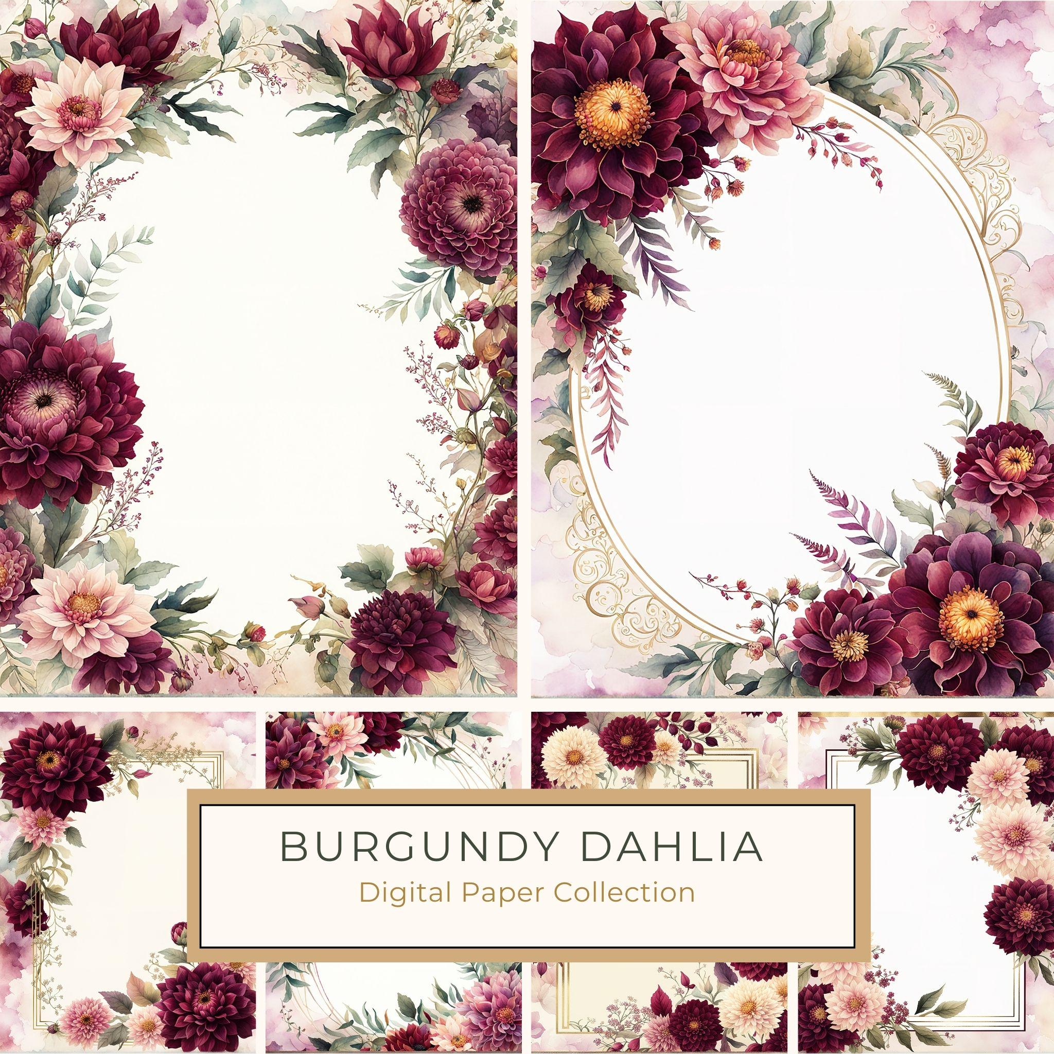 Watercolor Burgundy Dahlia Floral Frame: Autumn Wedding Invitation (JPG Digital Paper)