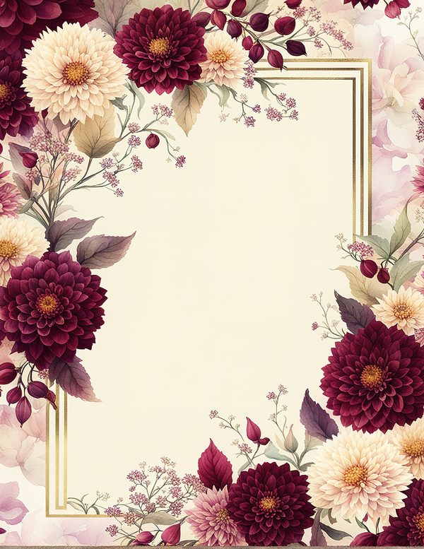 Watercolor Burgundy Dahlia Floral Frame: Autumn Wedding Invitation (JPG Digital Paper) — image 1