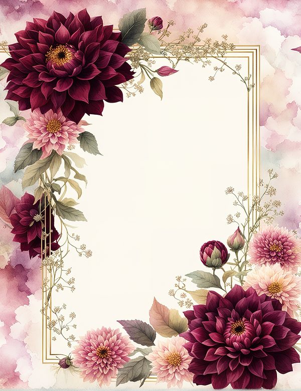 Watercolor Burgundy Dahlia Floral Frame: Autumn Wedding Invitation (JPG Digital Paper) — image 2