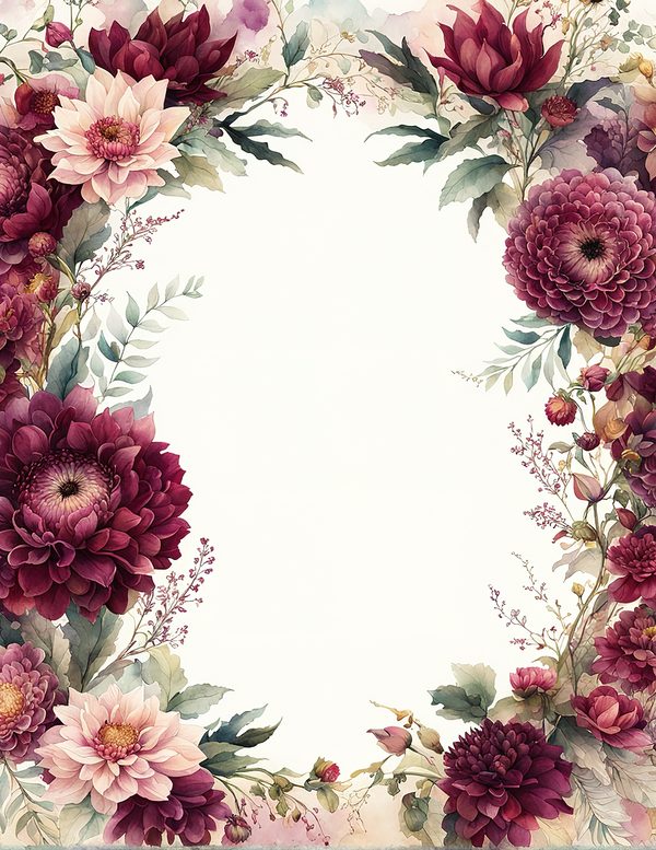 Watercolor Burgundy Dahlia Floral Frame: Autumn Wedding Invitation (JPG Digital Paper) — image 3