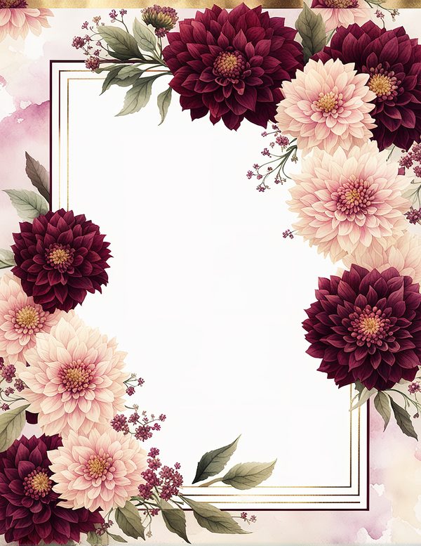 Watercolor Burgundy Dahlia Floral Frame: Autumn Wedding Invitation (JPG Digital Paper) — image 4