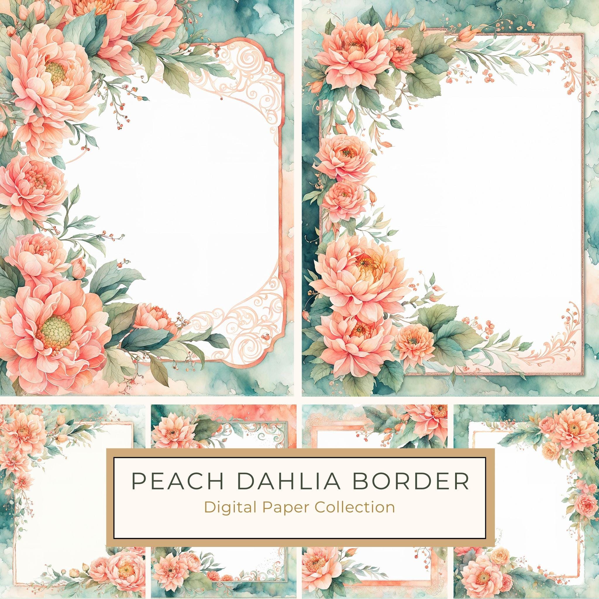 Watercolor Dahlia Floral Frame: Peach Wedding Invitation Backgrounds (JPG Digital Paper)