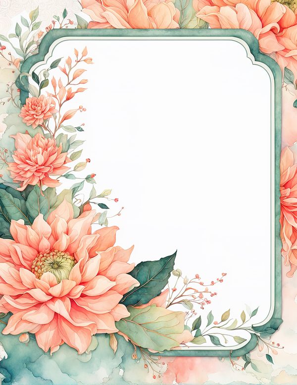 Watercolor Dahlia Floral Frame: Peach Wedding Invitation Backgrounds (JPG Digital Paper) — image 1