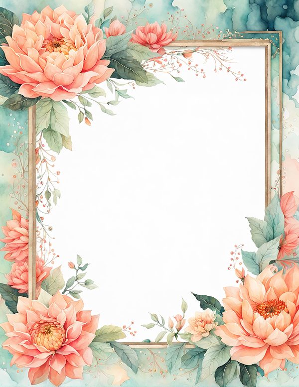 Watercolor Dahlia Floral Frame: Peach Wedding Invitation Backgrounds (JPG Digital Paper) — image 2