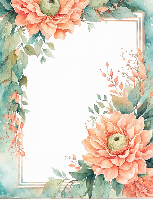 Watercolor Dahlia Floral Frame: Peach Wedding Invitation Backgrounds (JPG Digital Paper) — image 3
