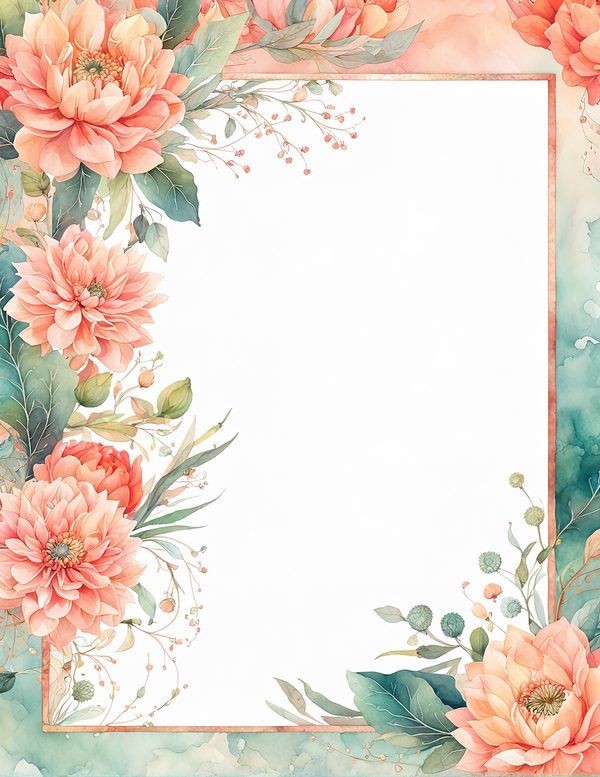 Watercolor Dahlia Floral Frame: Peach Wedding Invitation Backgrounds (JPG Digital Paper) — image 4