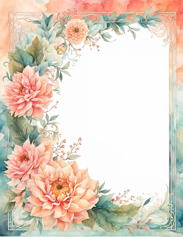 Watercolor Dahlia Floral Frame: Peach Wedding Invitation Backgrounds (JPG Digital Paper) — image 5