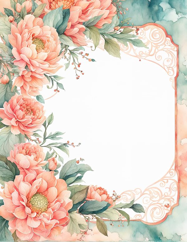 Watercolor Dahlia Floral Frame: Peach Wedding Invitation Backgrounds (JPG Digital Paper) — image 6