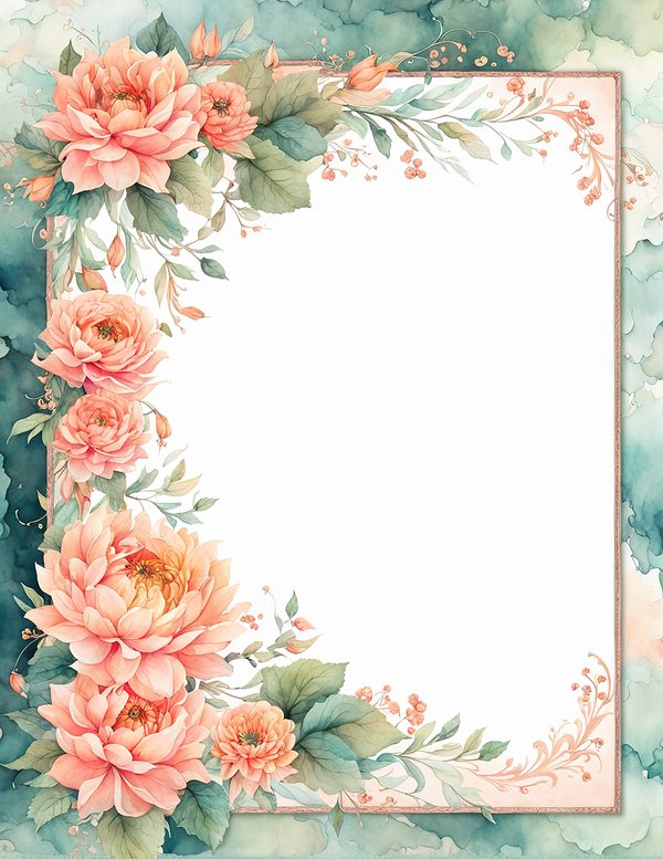 Watercolor Dahlia Floral Frame: Peach Wedding Invitation Backgrounds (JPG Digital Paper) — image 7
