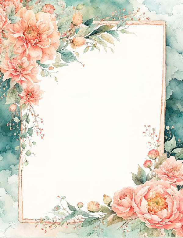 Watercolor Dahlia Floral Frame: Peach Wedding Invitation Backgrounds (JPG Digital Paper) — image 8