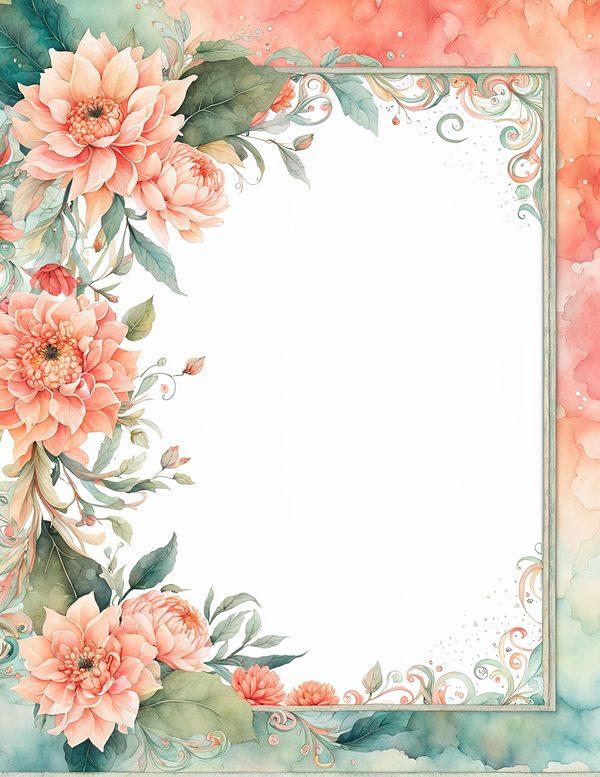 Watercolor Dahlia Floral Frame: Peach Wedding Invitation Backgrounds (JPG Digital Paper) — image 9