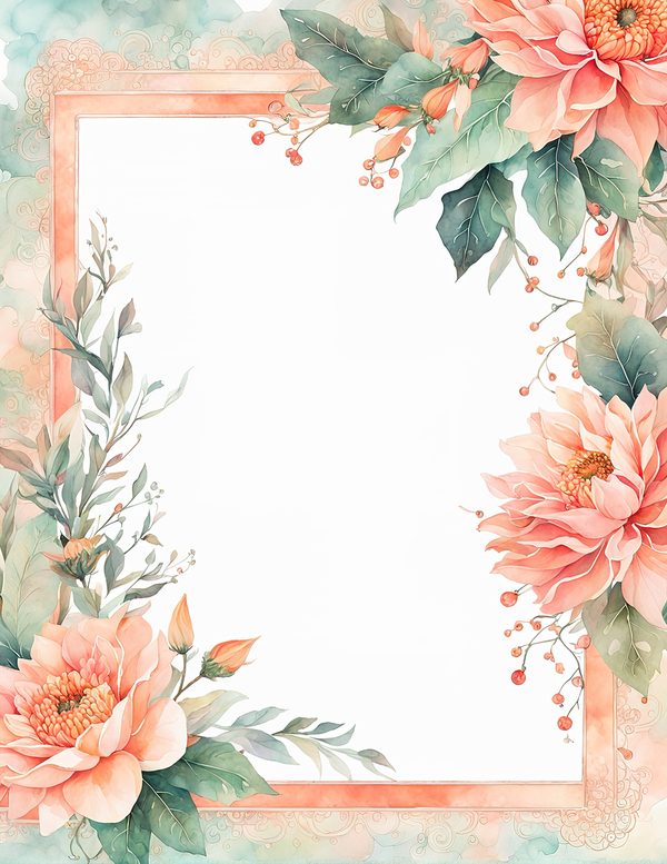 Watercolor Dahlia Floral Frame: Peach Wedding Invitation Backgrounds (JPG Digital Paper) — image 10