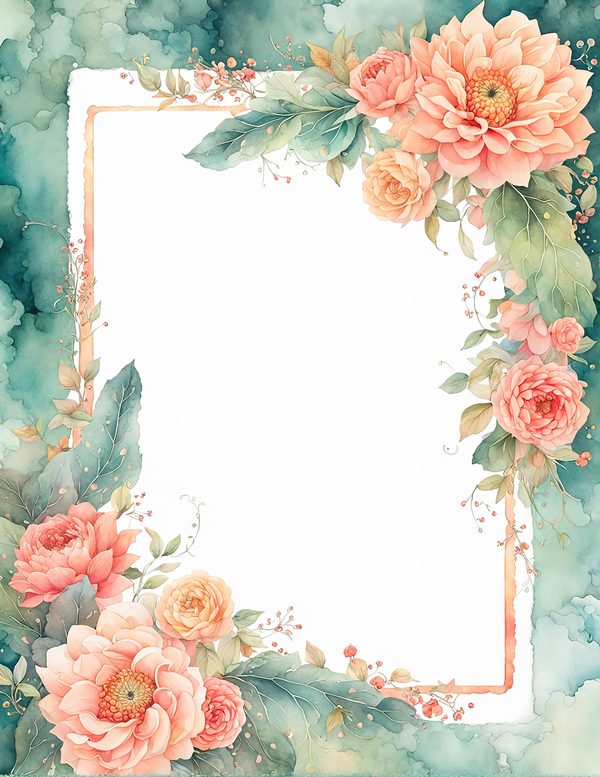 Watercolor Dahlia Floral Frame: Peach Wedding Invitation Backgrounds (JPG Digital Paper) — image 11
