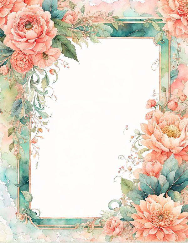 Watercolor Dahlia Floral Frame: Peach Wedding Invitation Backgrounds (JPG Digital Paper) — image 12