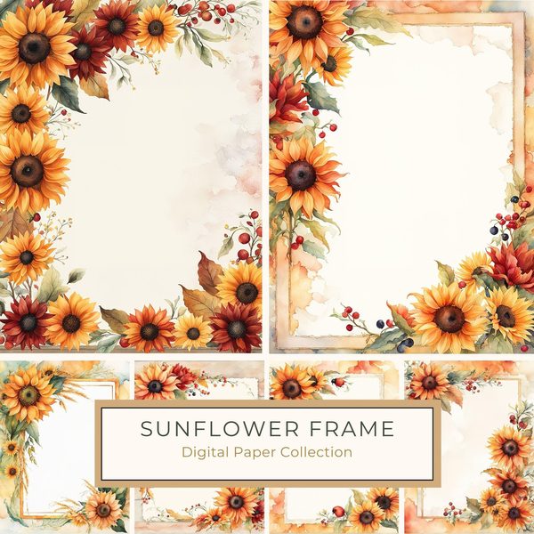 Watercolor Sunflower Frame: Autumn Floral Borders (Digital Paper Pack)