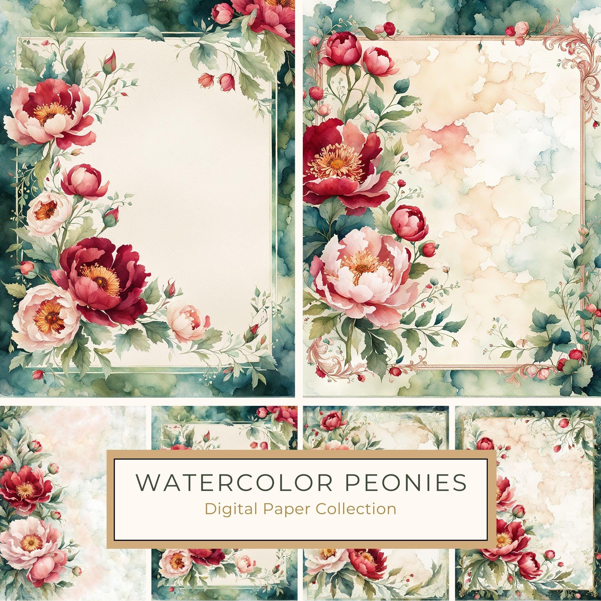 Watercolor Peony Digital Paper Set: Floral Wedding Card Backgrounds (10 JPGs)