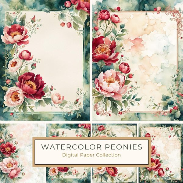Watercolor Peony Digital Paper Set: Floral Wedding Card Backgrounds (10 JPGs)