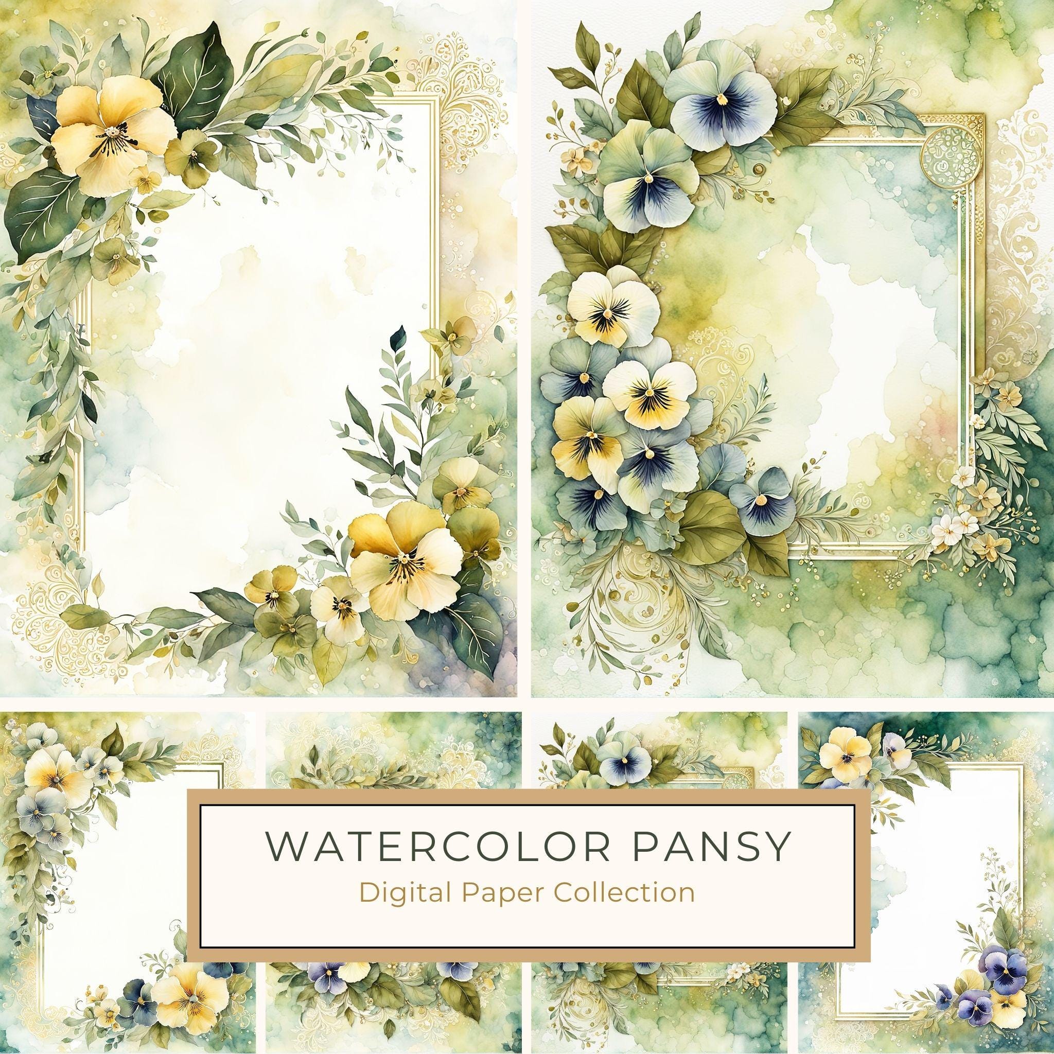 Watercolor Pansy Frame: Floral Wedding Card Backgrounds (Digital Paper Set)