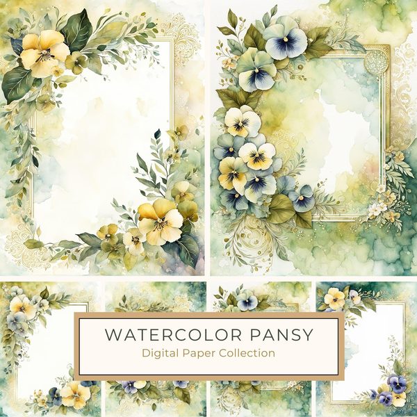 Watercolor Pansy Frame: Floral Wedding Card Backgrounds (Digital Paper Set)