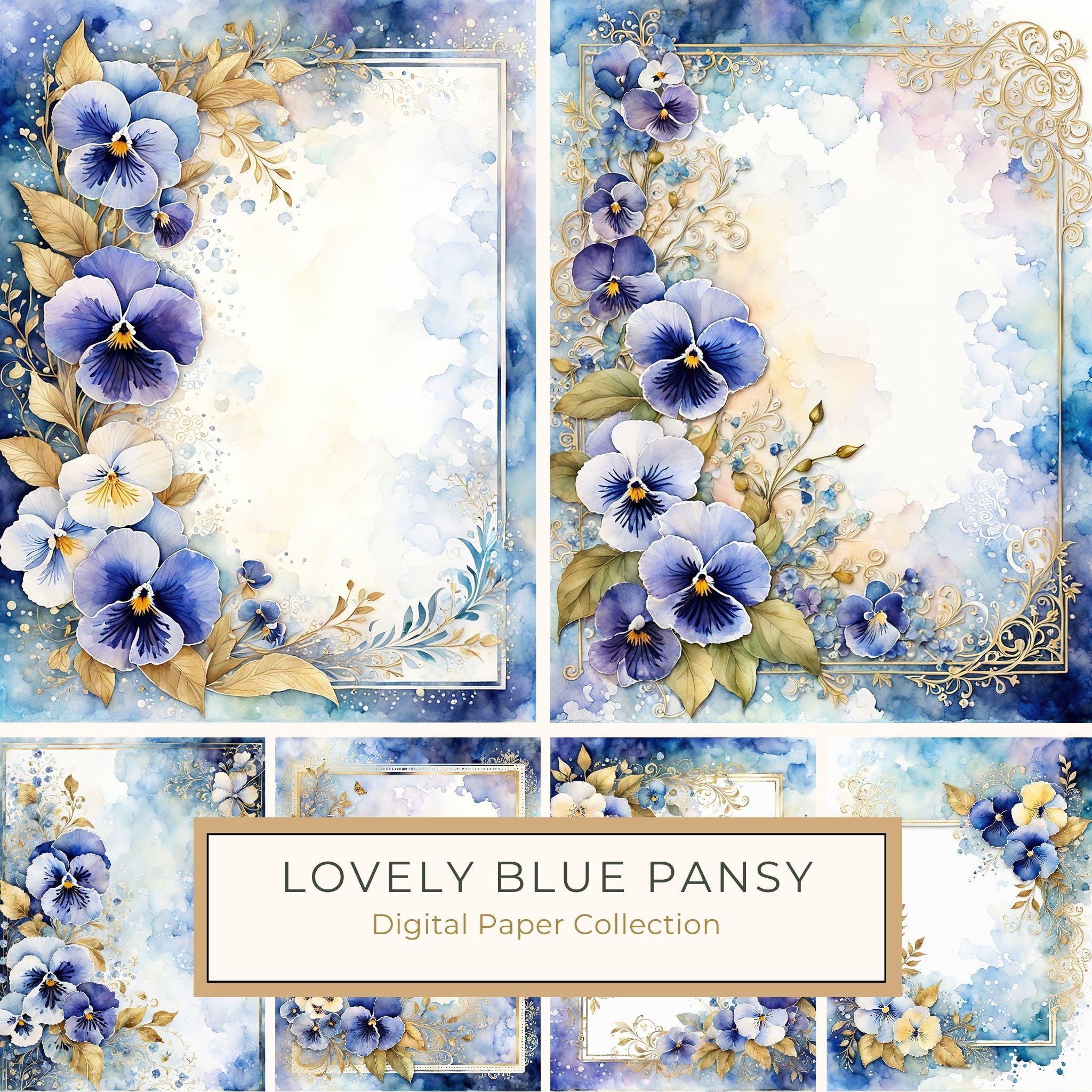 Watercolor Pansy Frame: Blue & Gold Floral Digital Paper (JPG)
