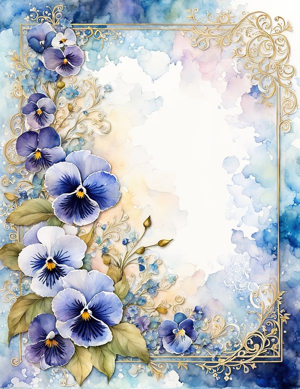 Watercolor Pansy Frame: Blue & Gold Floral Digital Paper (JPG) — image 1
