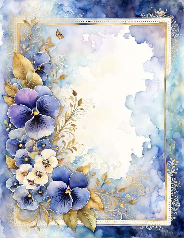 Watercolor Pansy Frame: Blue & Gold Floral Digital Paper (JPG) — image 2