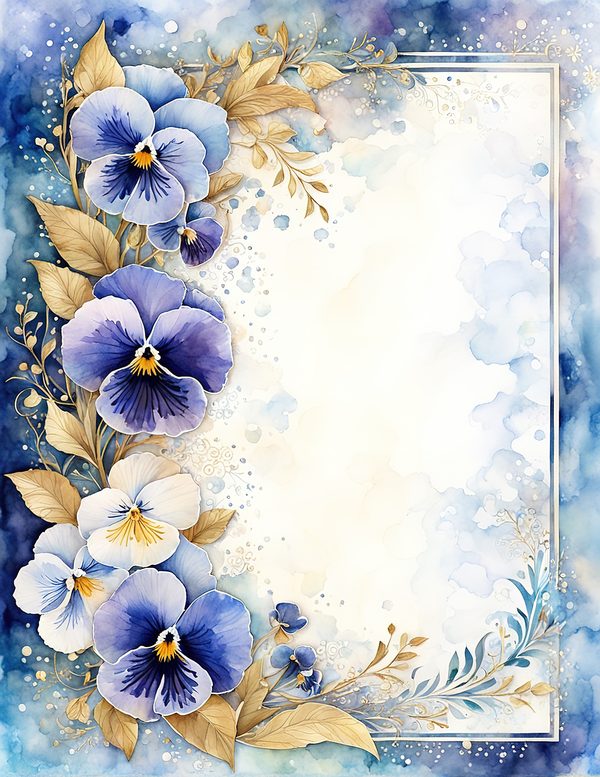 Watercolor Pansy Frame: Blue & Gold Floral Digital Paper (JPG) — image 3