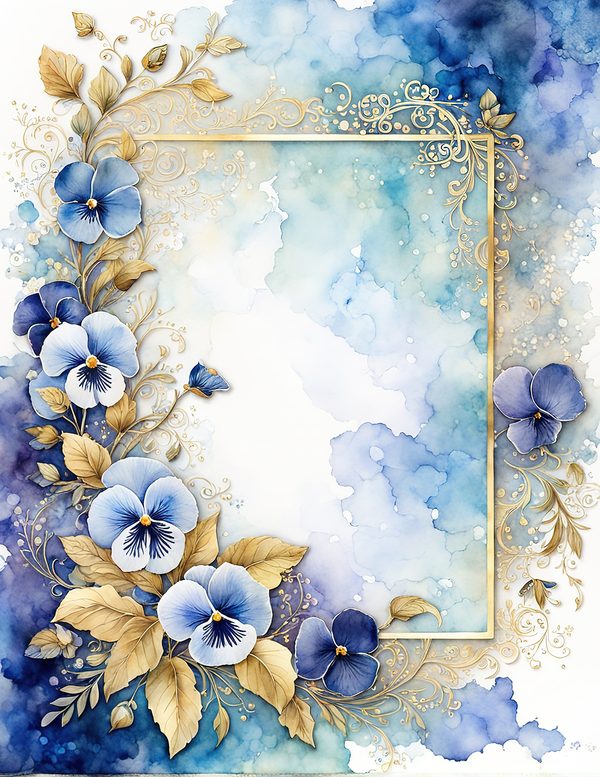 Watercolor Pansy Frame: Blue & Gold Floral Digital Paper (JPG) — image 4