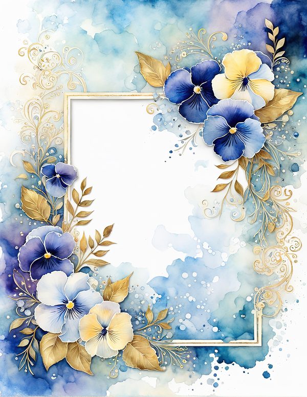 Watercolor Pansy Frame: Blue & Gold Floral Digital Paper (JPG) — image 5