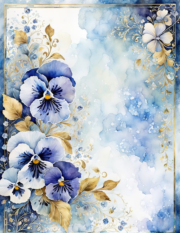 Watercolor Pansy Frame: Blue & Gold Floral Digital Paper (JPG) — image 6