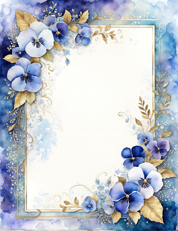 Watercolor Pansy Frame: Blue & Gold Floral Digital Paper (JPG) — image 7