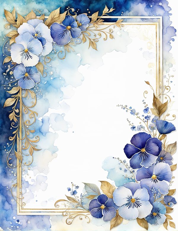 Watercolor Pansy Frame: Blue & Gold Floral Digital Paper (JPG) — image 8