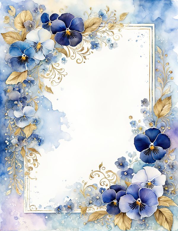 Watercolor Pansy Frame: Blue & Gold Floral Digital Paper (JPG) — image 9