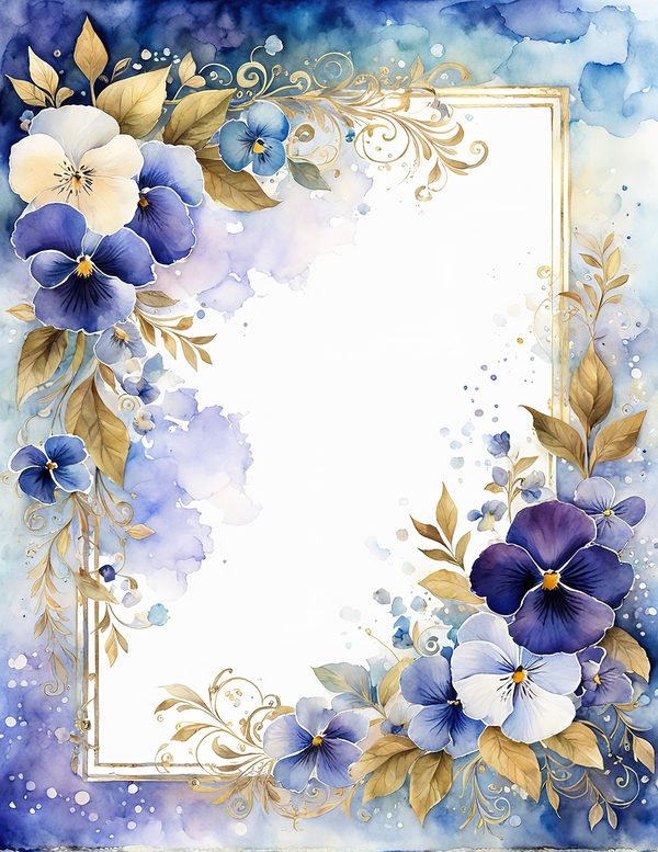 Watercolor Pansy Frame: Blue & Gold Floral Digital Paper (JPG) — image 10