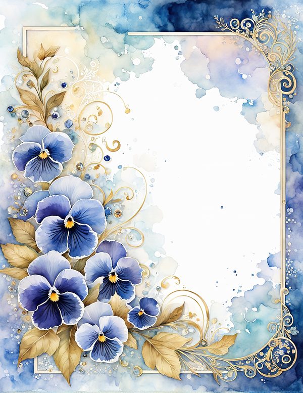 Watercolor Pansy Frame: Blue & Gold Floral Digital Paper (JPG) — image 11
