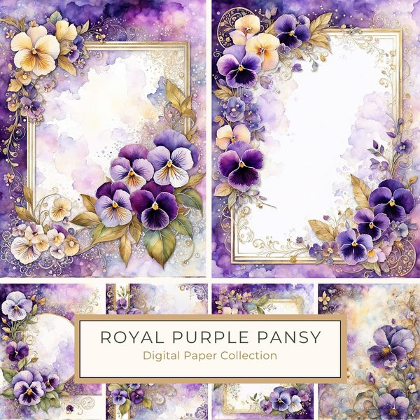 Watercolor Pansy Frame Digital Paper: Shabby Chic Floral (JPG)