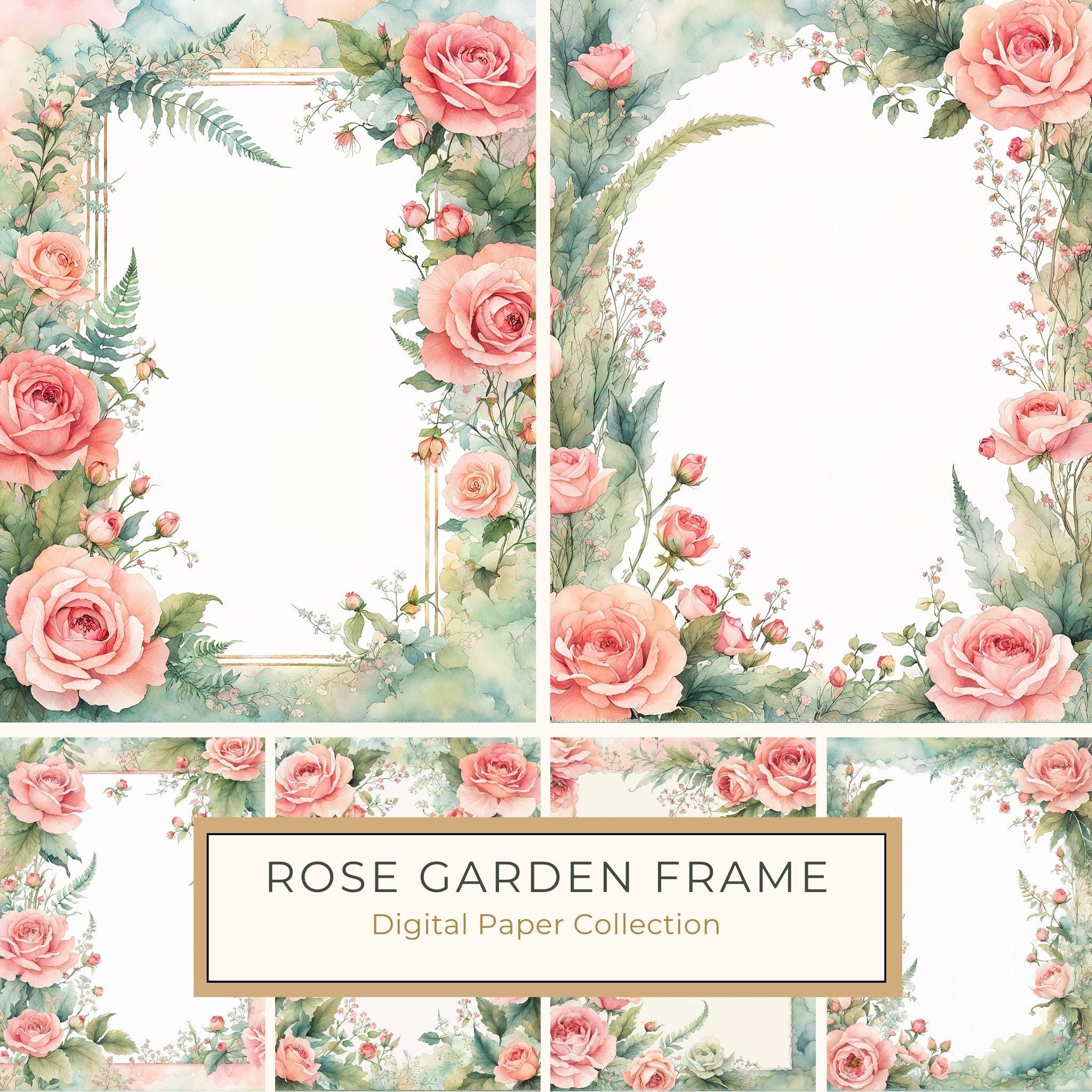 Watercolor Rose Frame Digital Paper: Floral Wedding Invitation Backgrounds (Digital Download)
