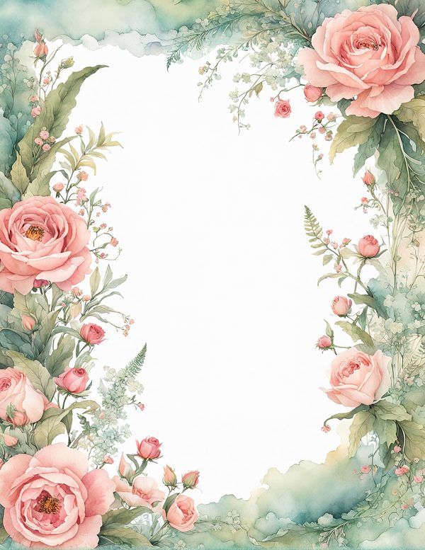Watercolor Rose Frame Digital Paper: Floral Wedding Invitation Backgrounds (Digital Download) — image 1