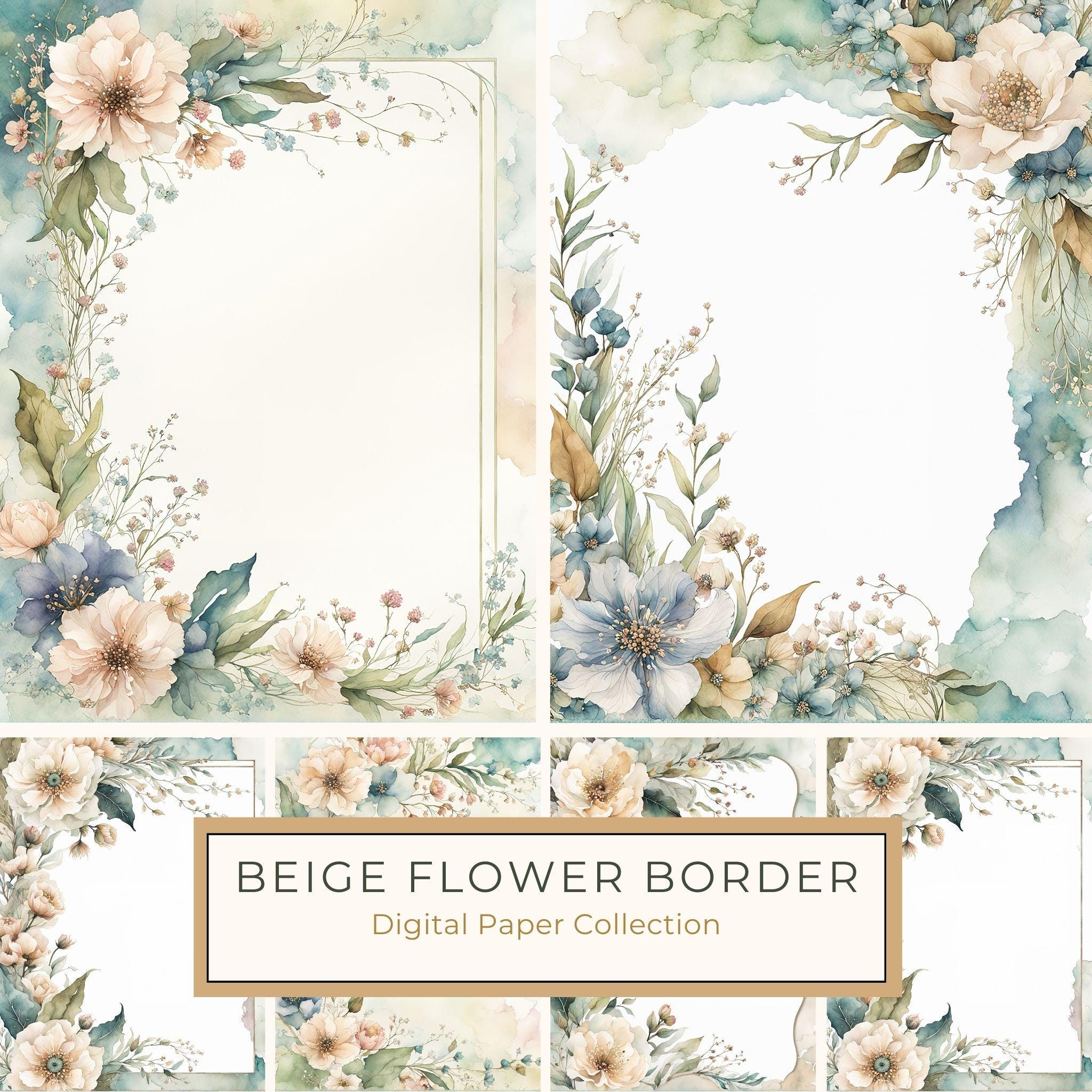 Watercolor Floral Frame Digital Paper: Sage Green & Beige (10 JPG) (Digital Download)