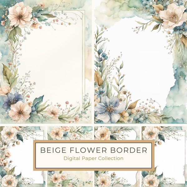 Watercolor Floral Frame Digital Paper: Sage Green & Beige (10 JPG) (Digital Download)