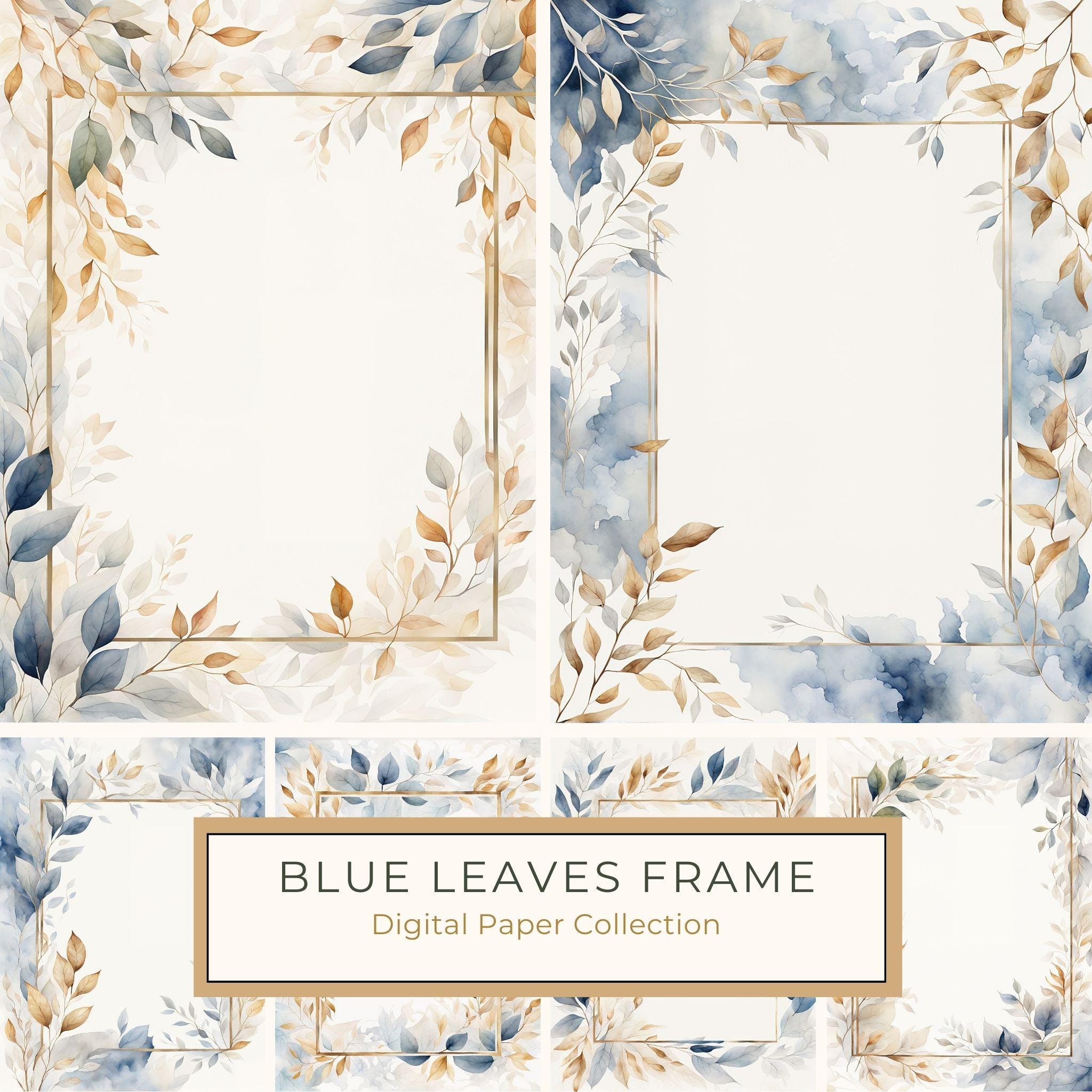 Watercolor Blue Leaves Frame: Gold Botanical Border (10 JPG Digital Paper)