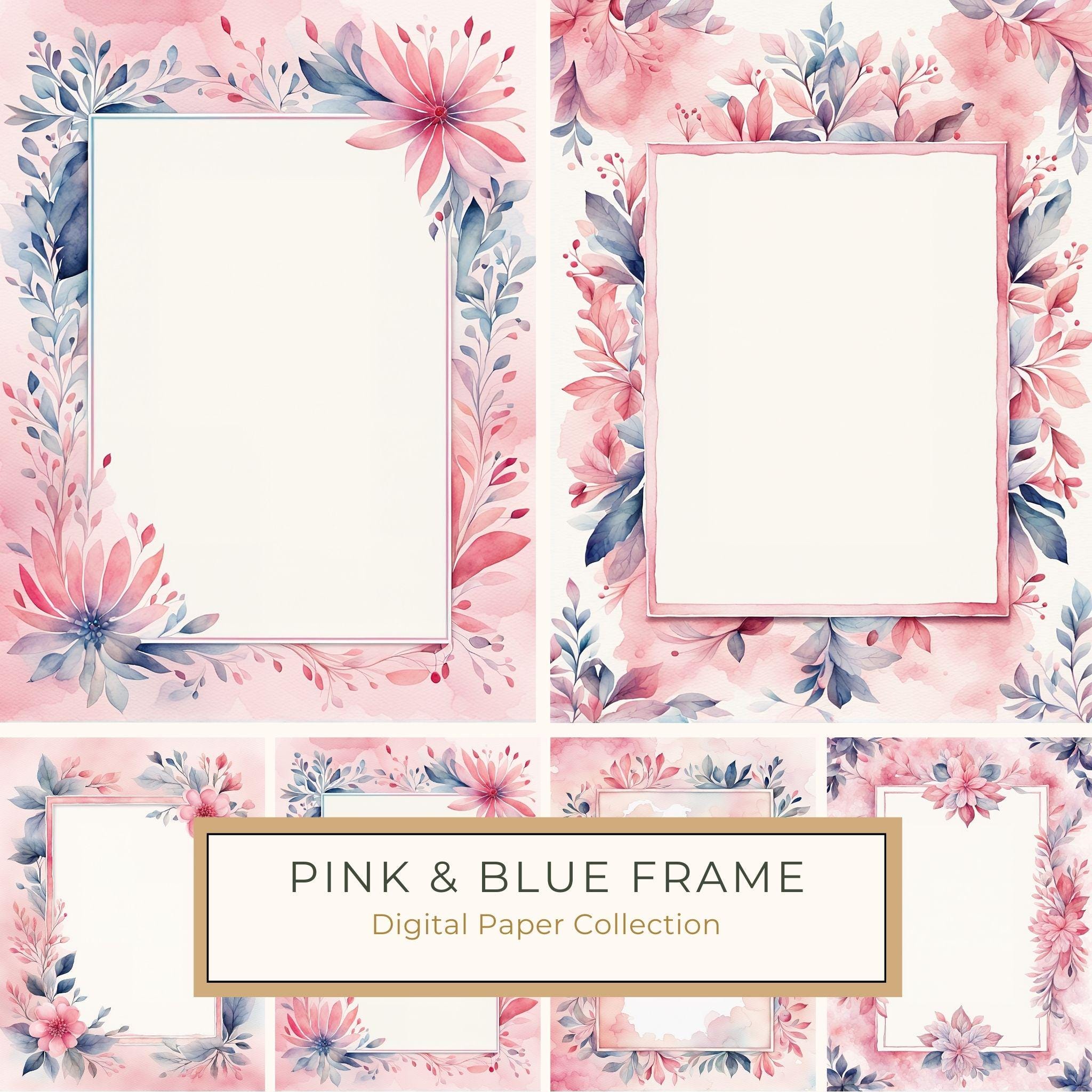 Watercolor Floral Frame Digital Paper: Pink & Blue Backgrounds (JPG, 300 DPI)