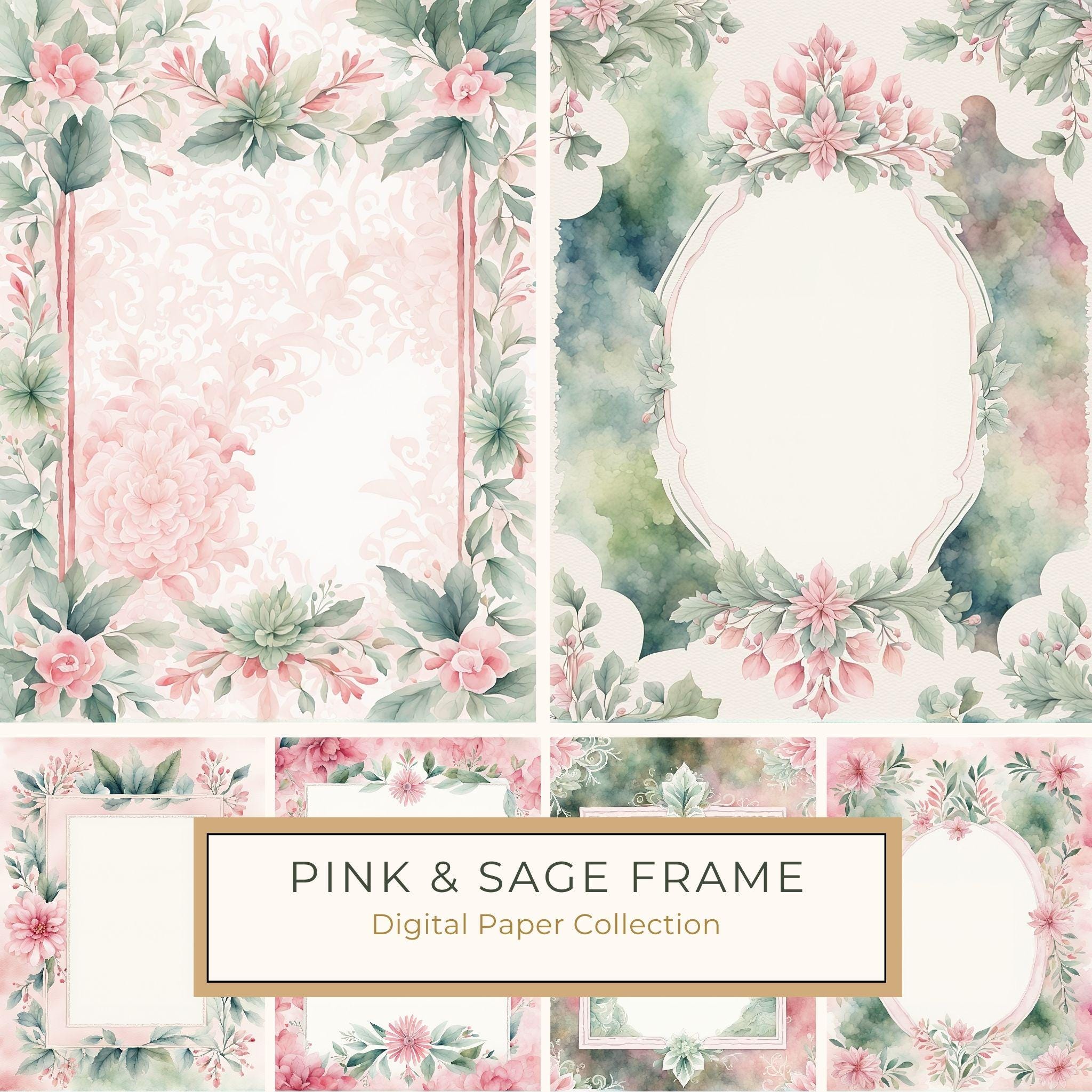 Watercolor Floral Frame Digital Paper Pack: Pink & Sage (10 JPG Files)