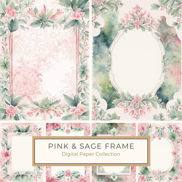 Watercolor Floral Frame Digital Paper Pack: Pink & Sage (10 JPG Files)