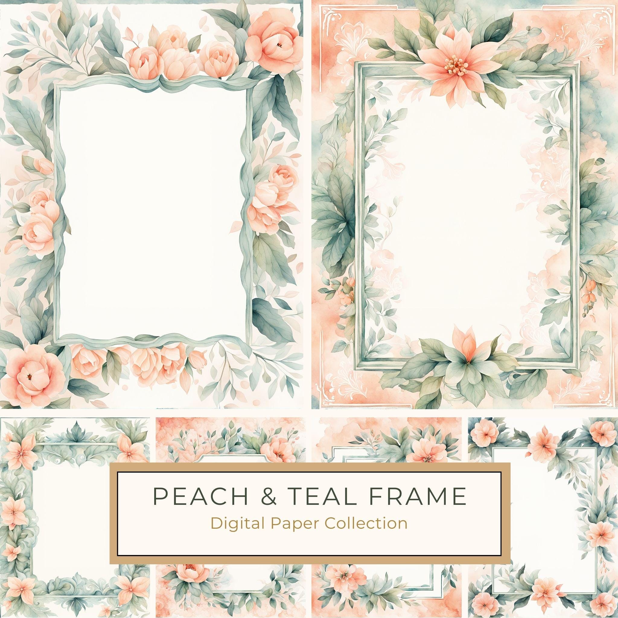 Watercolor Floral Frame Digital Paper: Peach & Teal (JPG, 10 Backgrounds)