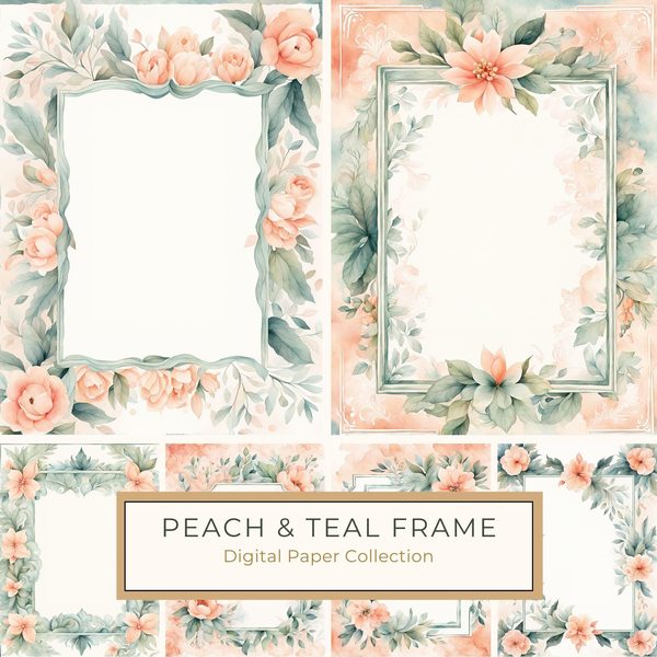Watercolor Floral Frame Digital Paper: Peach & Teal (JPG, 10 Backgrounds)